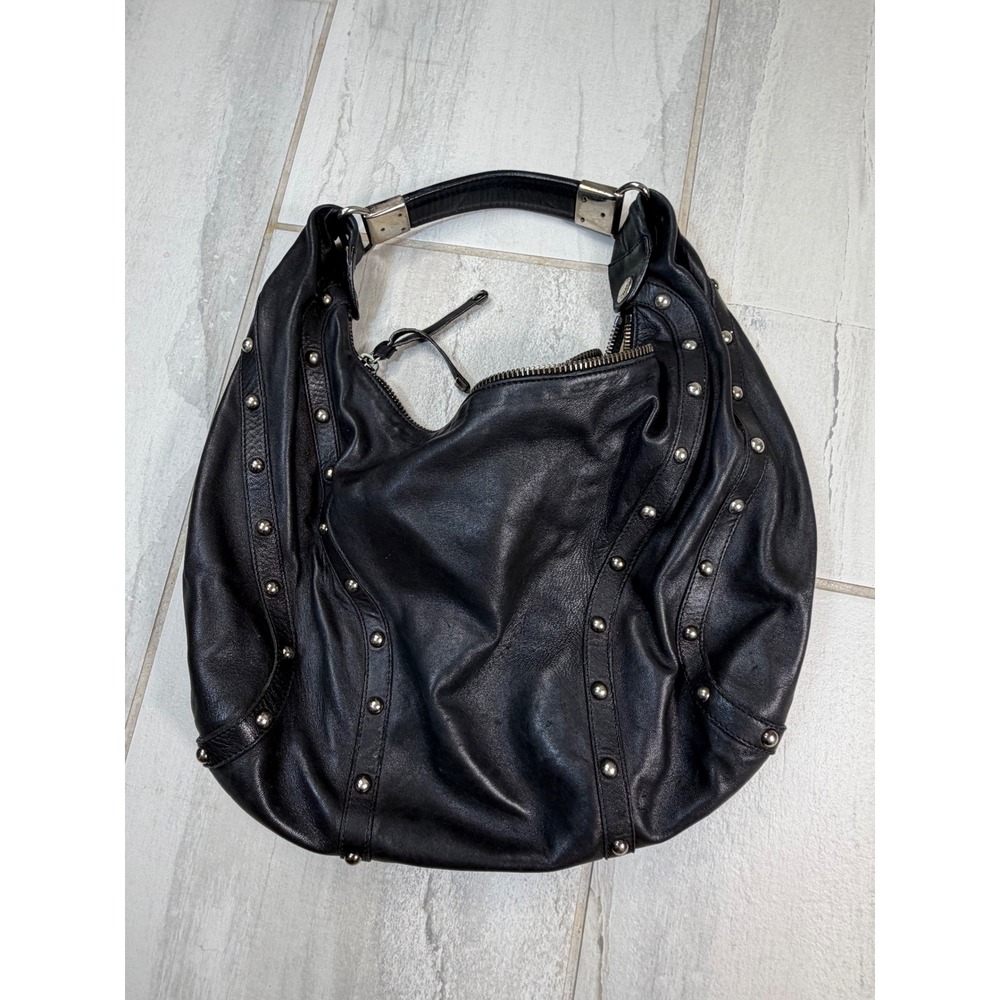 Stuart Weitzman Black Leather Studded Hobo Shoulder Bag Silver Hardware